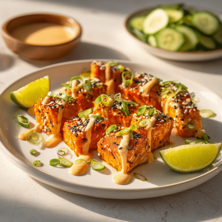 Plated Bang Bang salmon bites with creamy sauce, sesame seeds, green onions, and cucumber salad on a white plate.