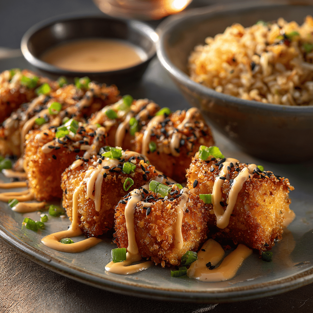 Plated crispy Bang Bang salmon bites with creamy sauce, garnished with sesame seeds and served with fried rice.