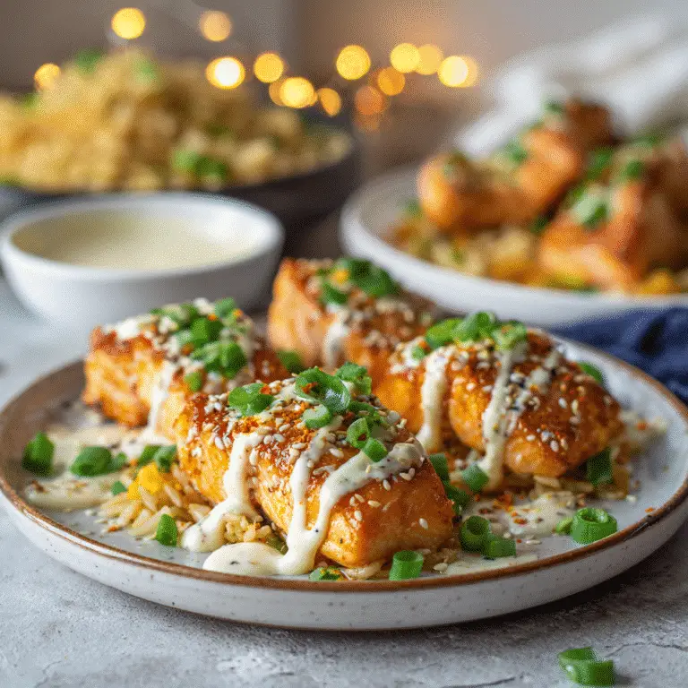 Plated crispy Bang Bang salmon bites with creamy sauce, garnished with sesame seeds and served with fried rice.