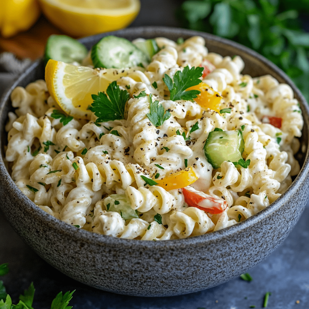 Served creamy pasta salad with fresh vegetables and herbs.