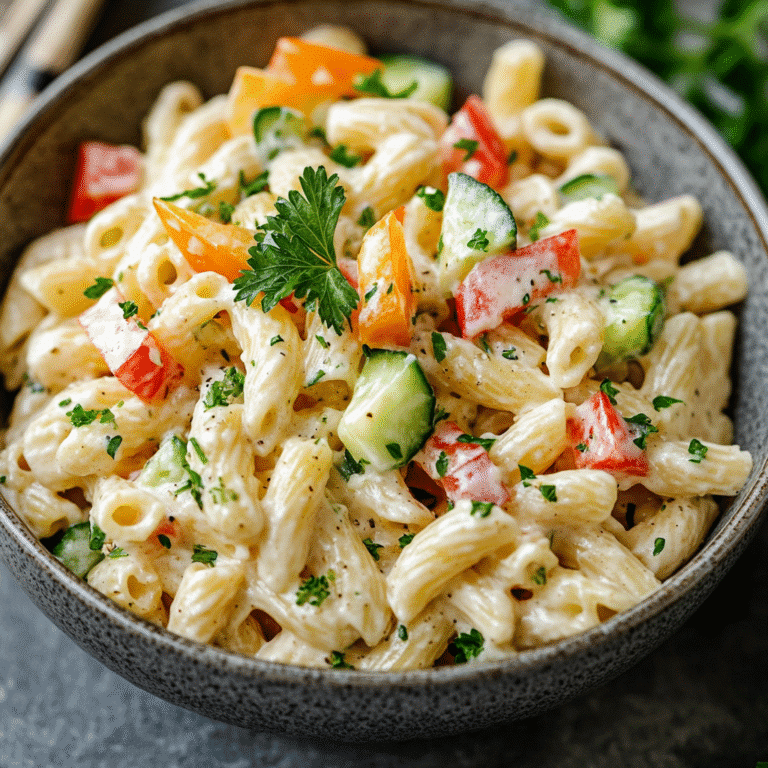 Served creamy pasta salad with fresh vegetables and herbs.