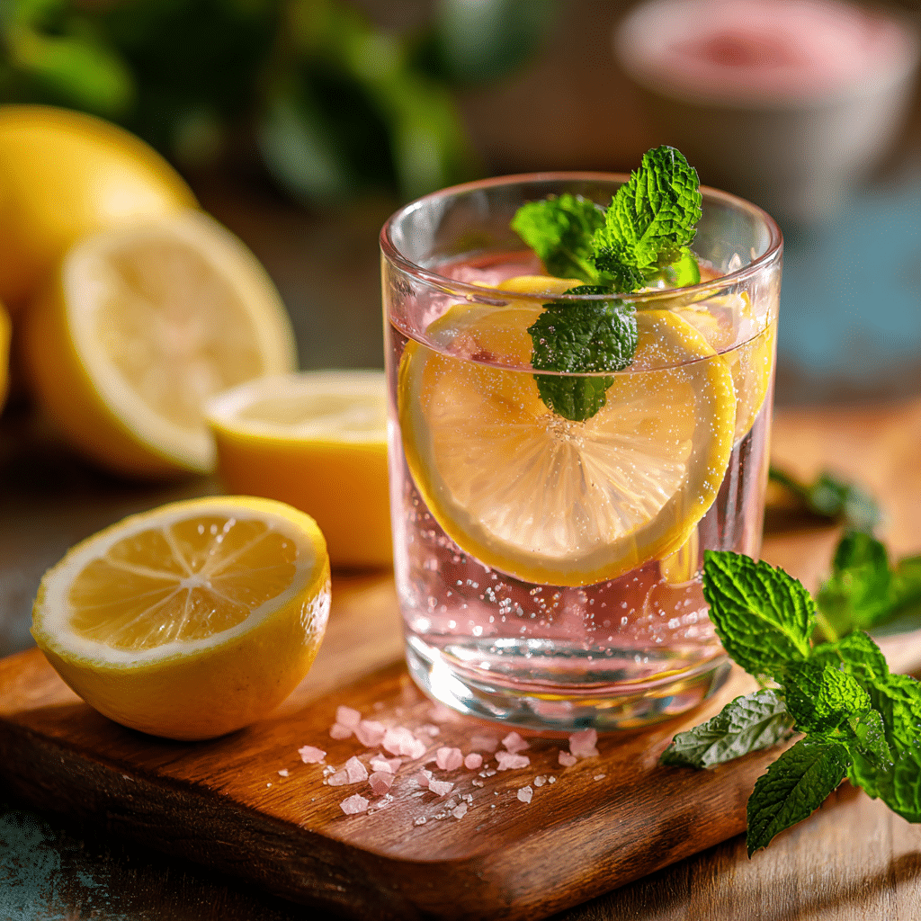 Serving of Pink Salt Diet water with lemon and mint