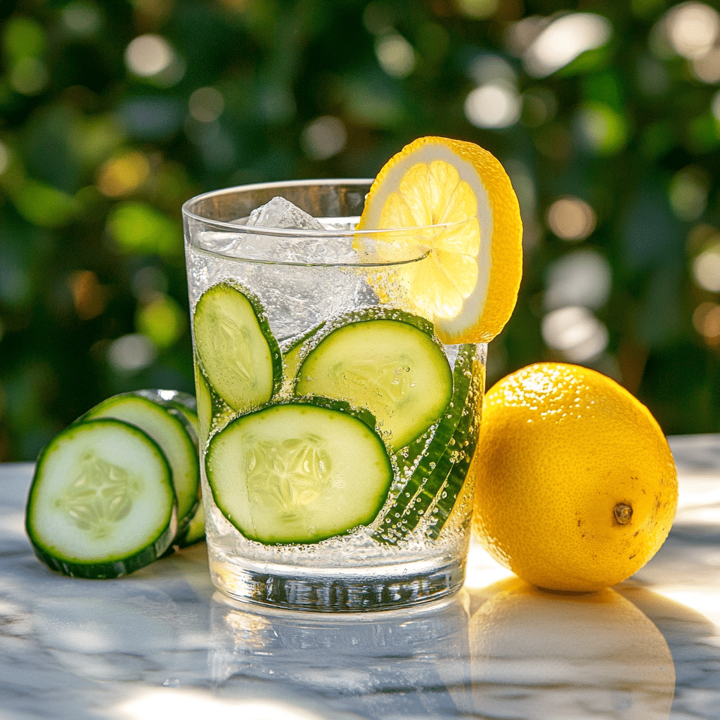 Beautifully served glass of lemon ginger cucumber water with lemon and cucumber slices