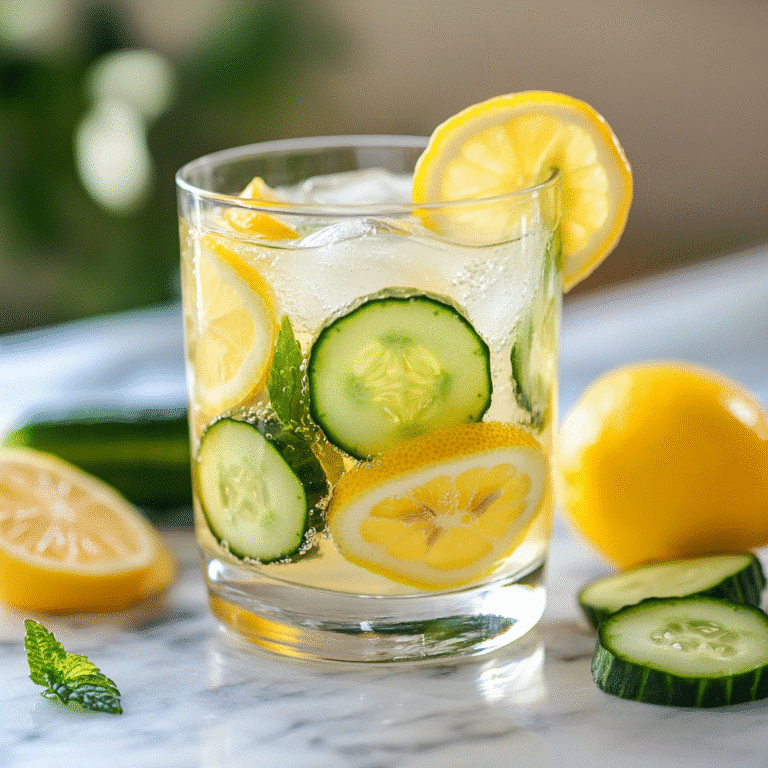 Beautifully served glass of lemon ginger cucumber water with lemon and cucumber slices