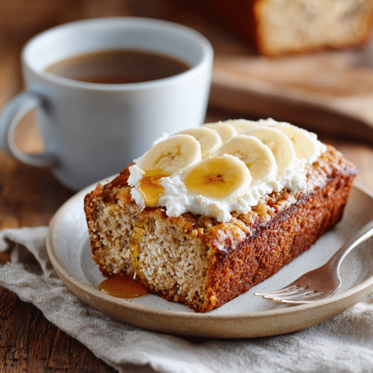 A slice of cottage cheese banana bread served on a plate with cottage cheese, honey drizzle, and banana slices on top.