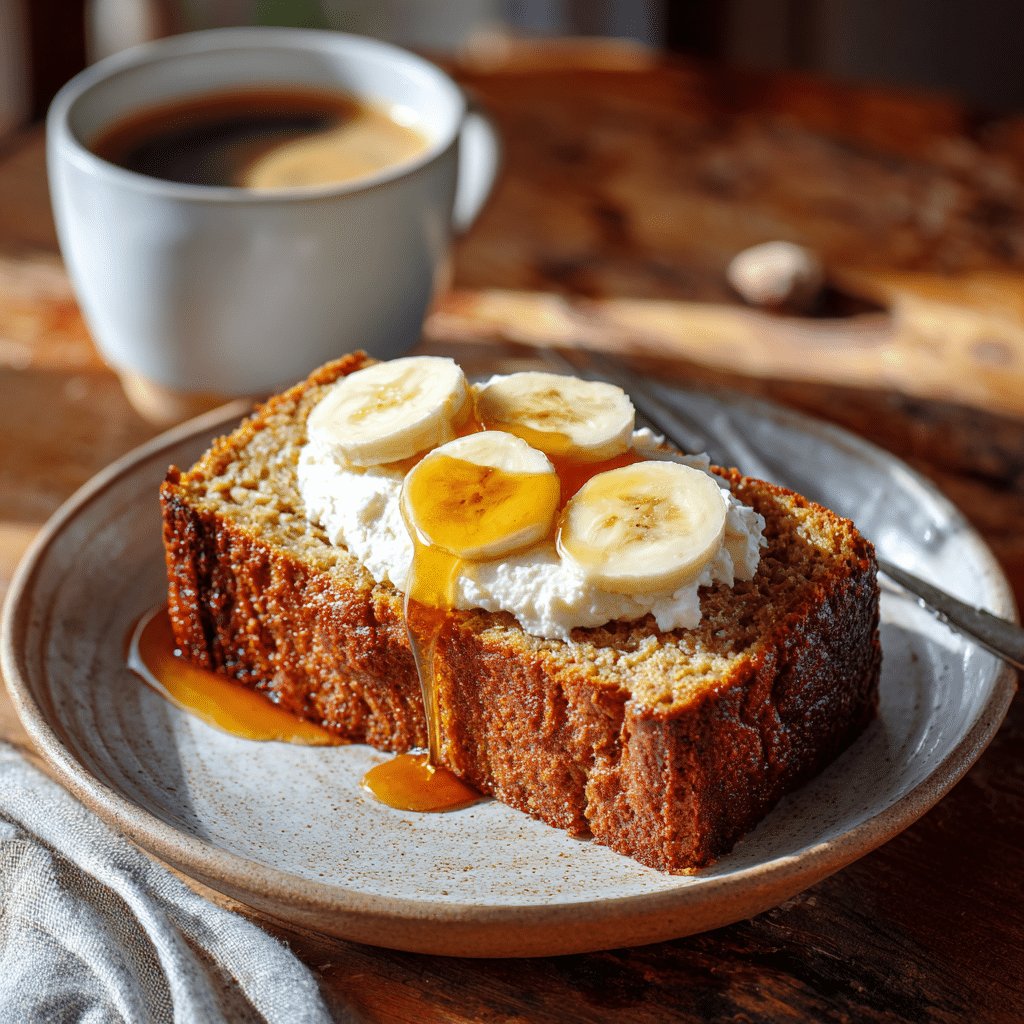 A slice of cottage cheese banana bread served on a plate with cottage cheese, honey drizzle, and banana slices on top.