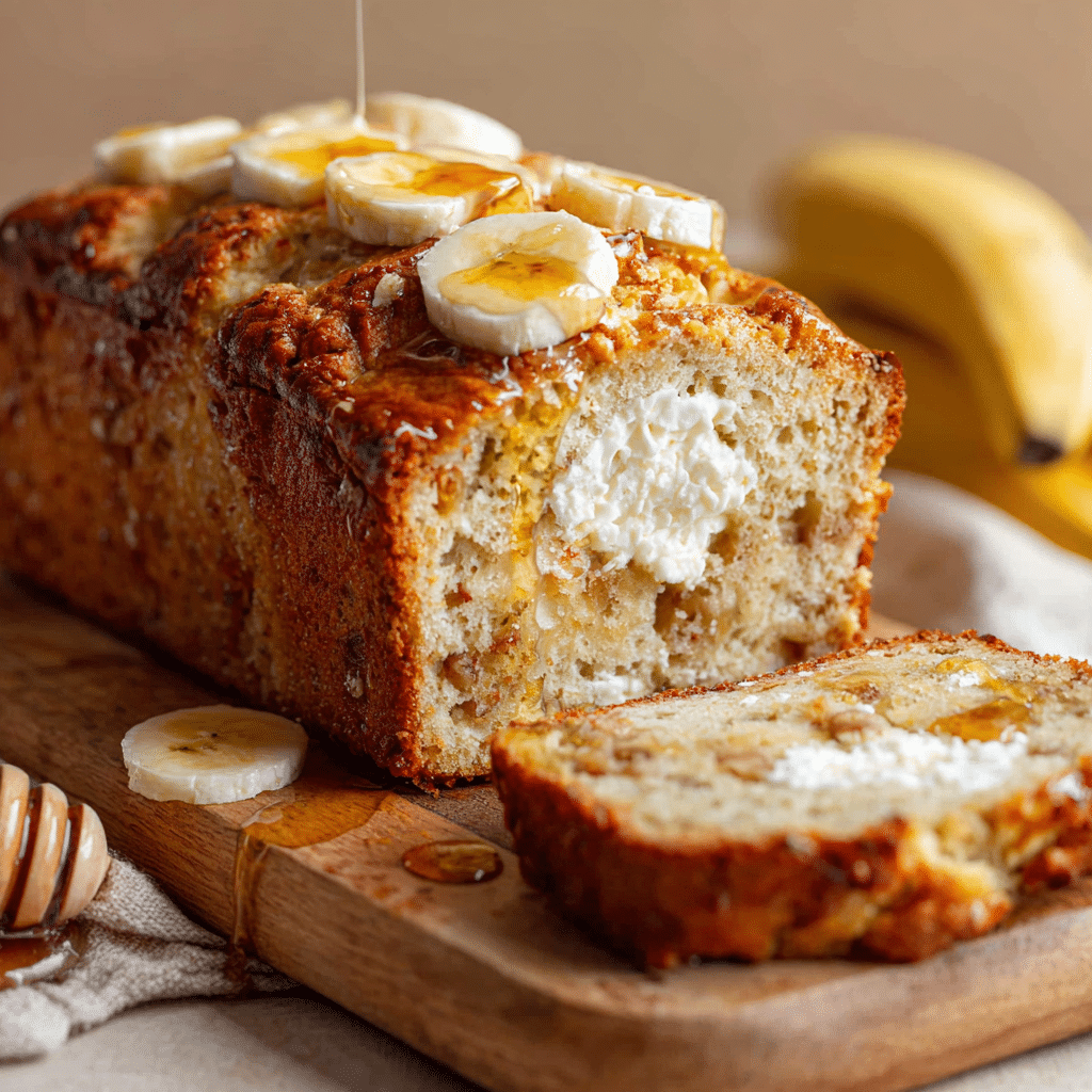 A close-up of a freshly baked cottage cheese banana bread, sliced to show the moist interior, placed on a wooden cutting board with banana slices and honey drizzle.