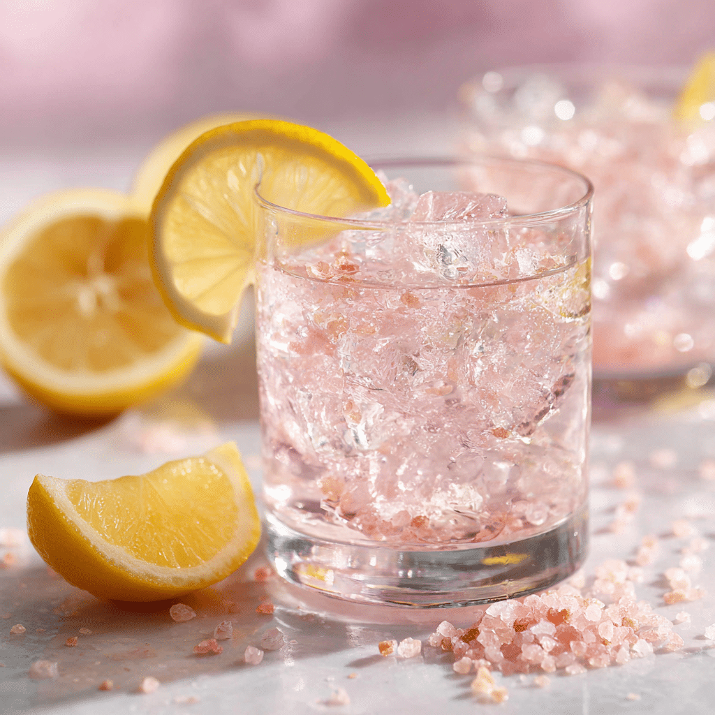 Pink salt water drink served with a slice of lemon