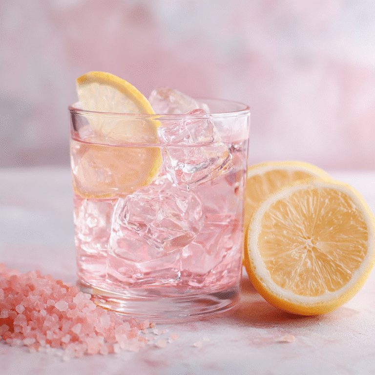 Pink salt water drink served with a slice of lemon