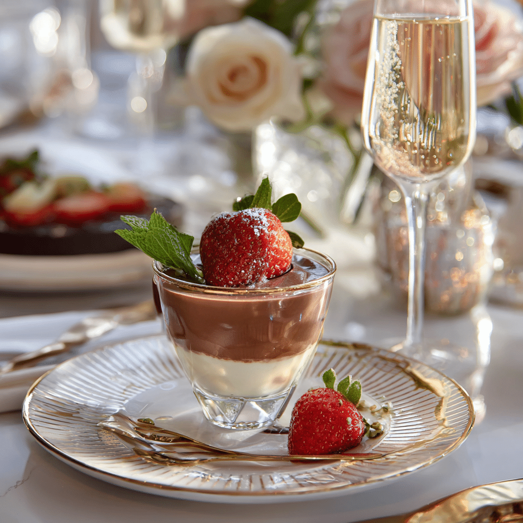 Dubai Chocolate Strawberries Cup served with mint tea and garnished with pistachios.