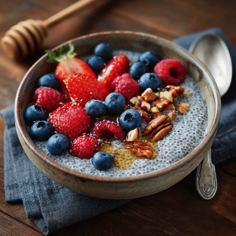 Chia Seed Pudding Recipe served with berries, nuts, and honey