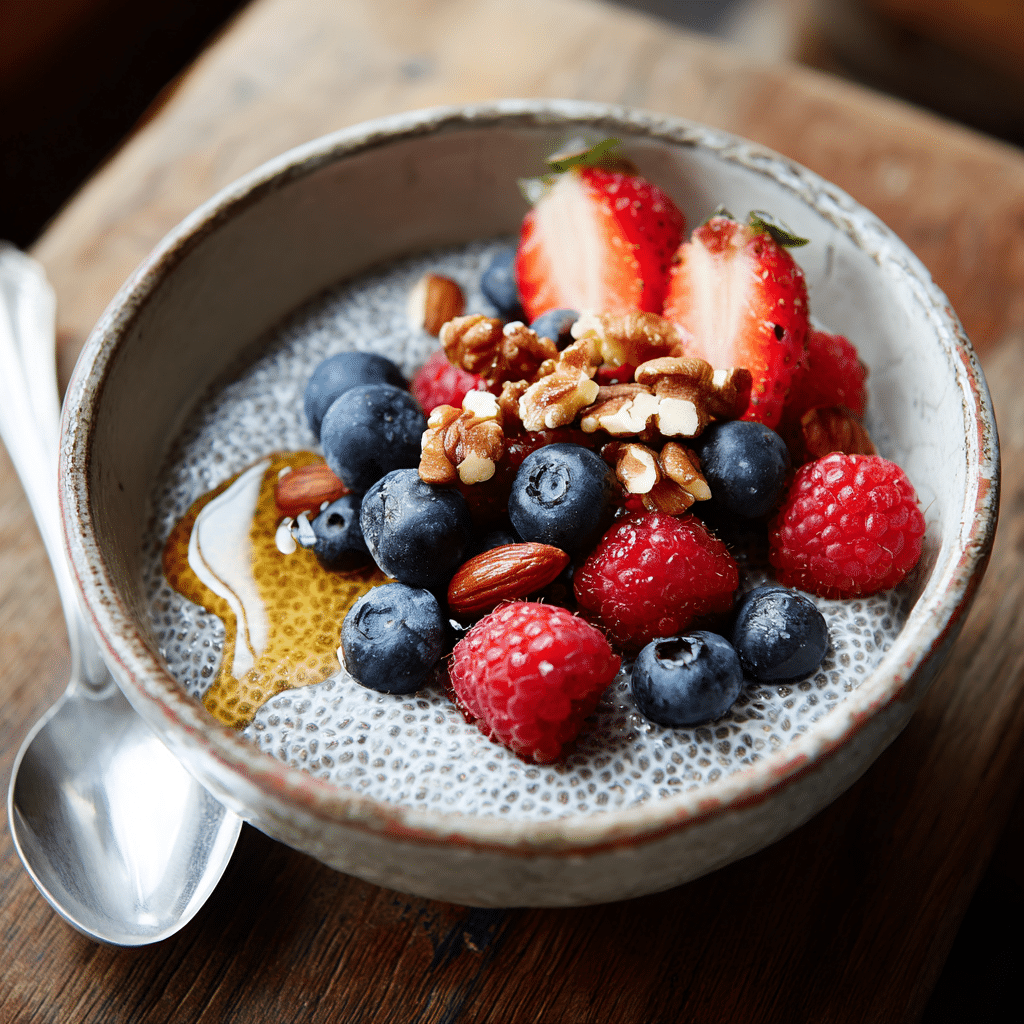 Chia seed pudding served with berries, nuts, and honey