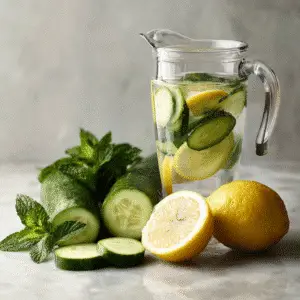 Ingredients for cucumber water including cucumber, lemon, and mint leaves