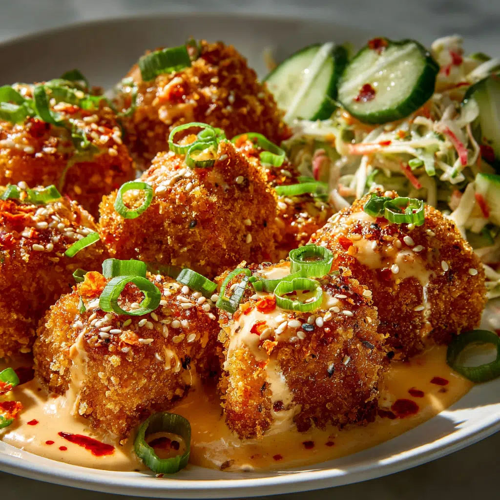 Crispy Bang Bang salmon bites with creamy sauce, garnished with sesame seeds and green onions, served with cucumber salad and slaw.