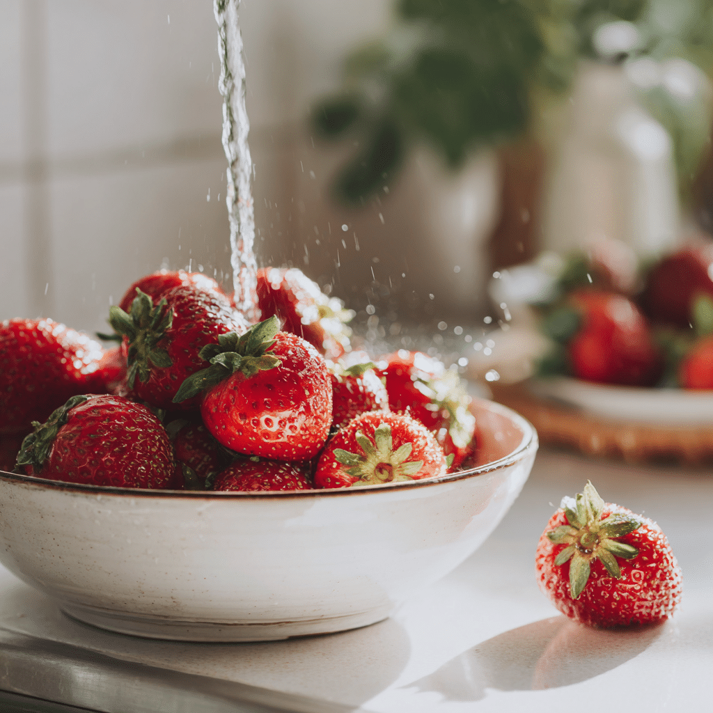 Fresh strawberries being washed and prepared for Dubai Chocolate Strawberries Cup.