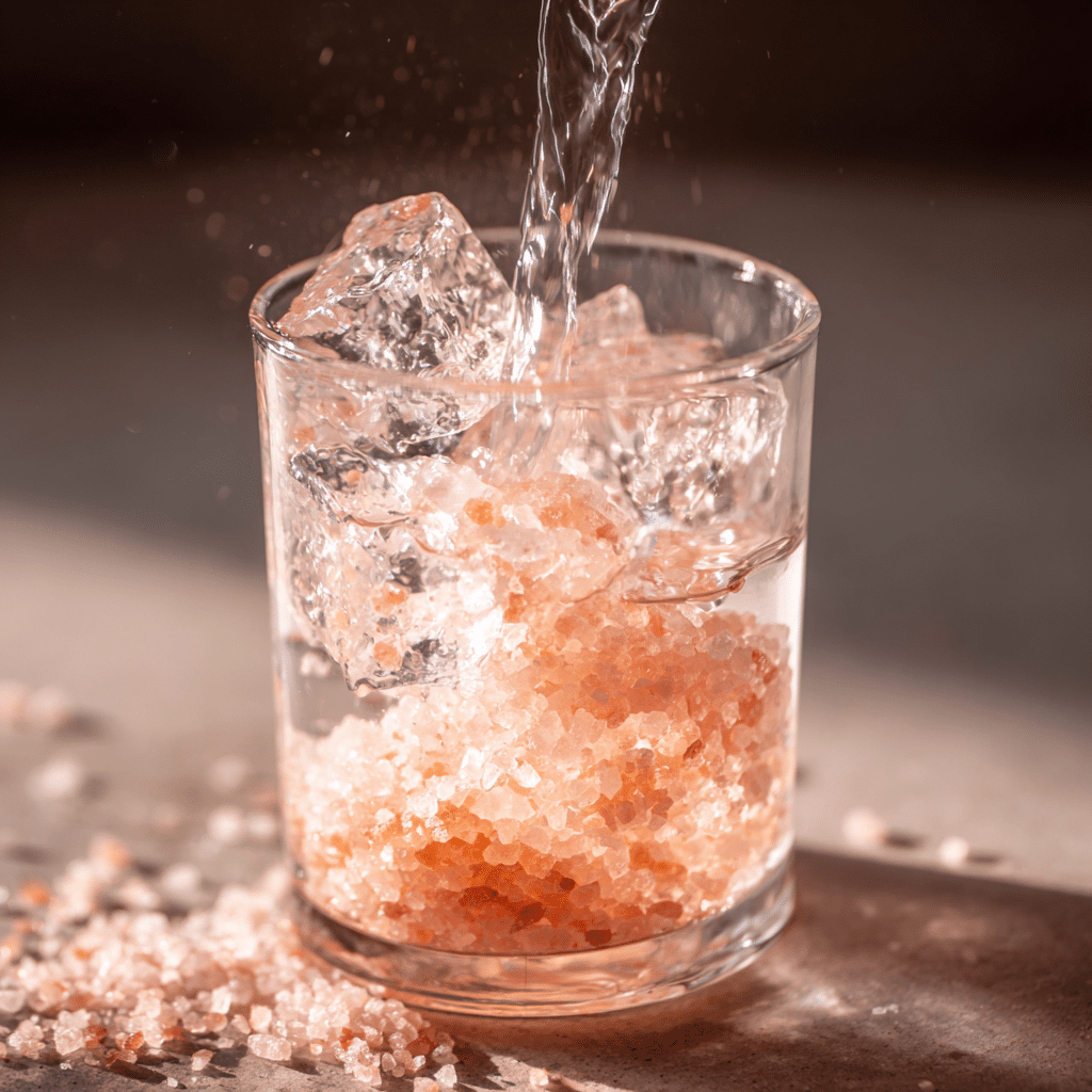 Pink Himalayan salt dissolving in cold water with ice cubes