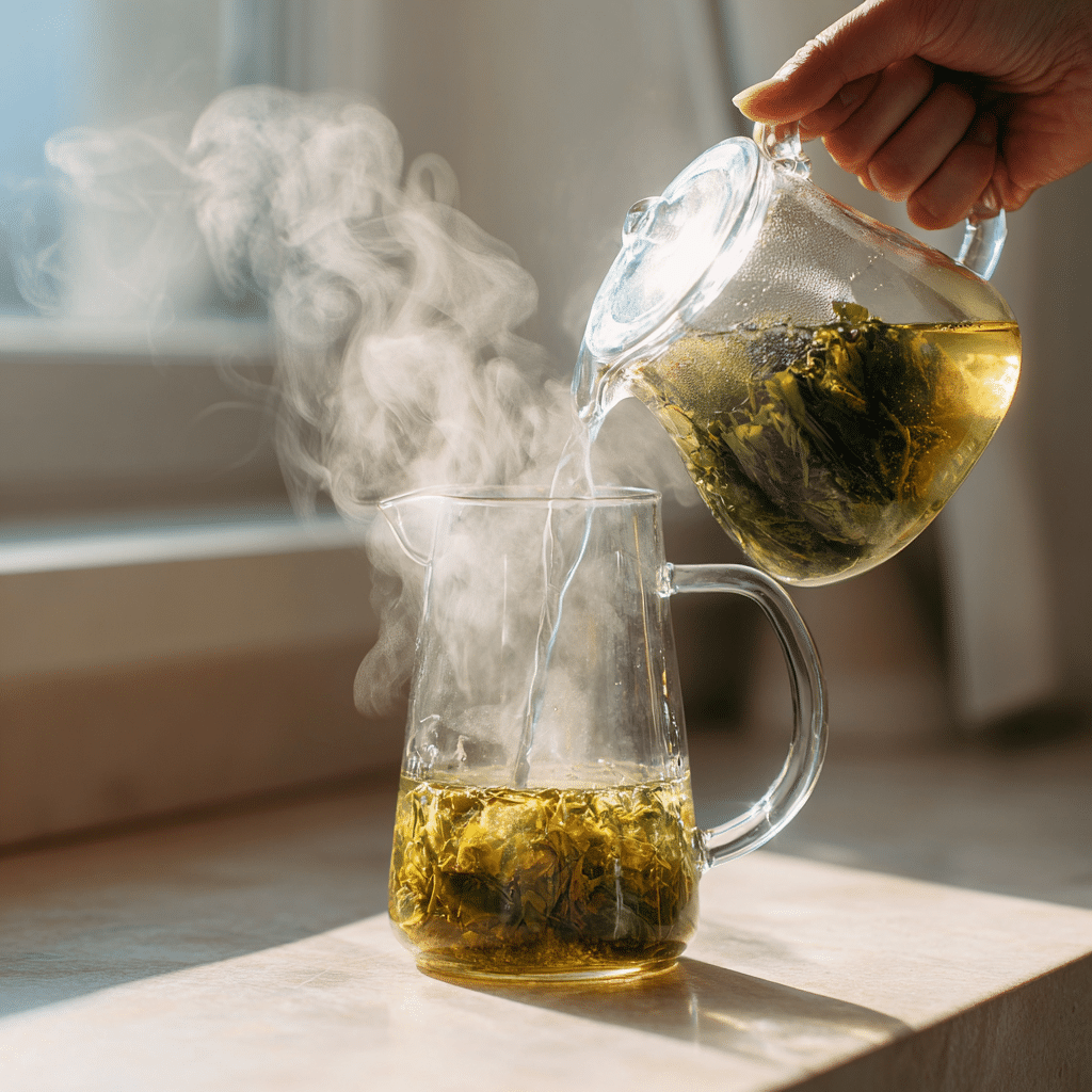 Pouring hot water over green tea bags for iced tea
