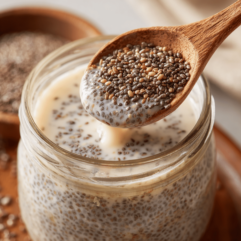Mixing Chia Seed Pudding Recipe in almond milk for chia seed pudding