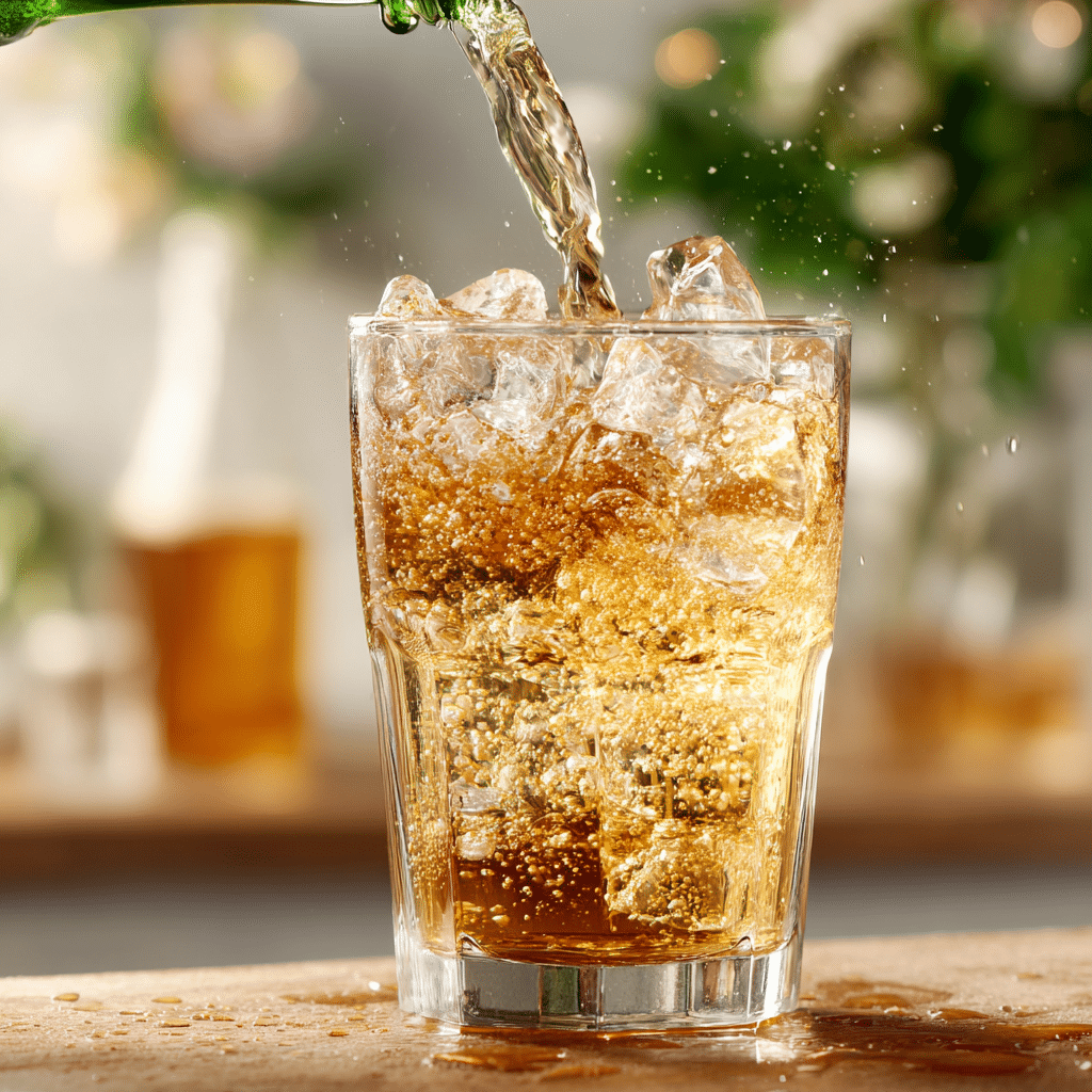 Pouring ginger ale into a glass with ice for Shirley Temple
