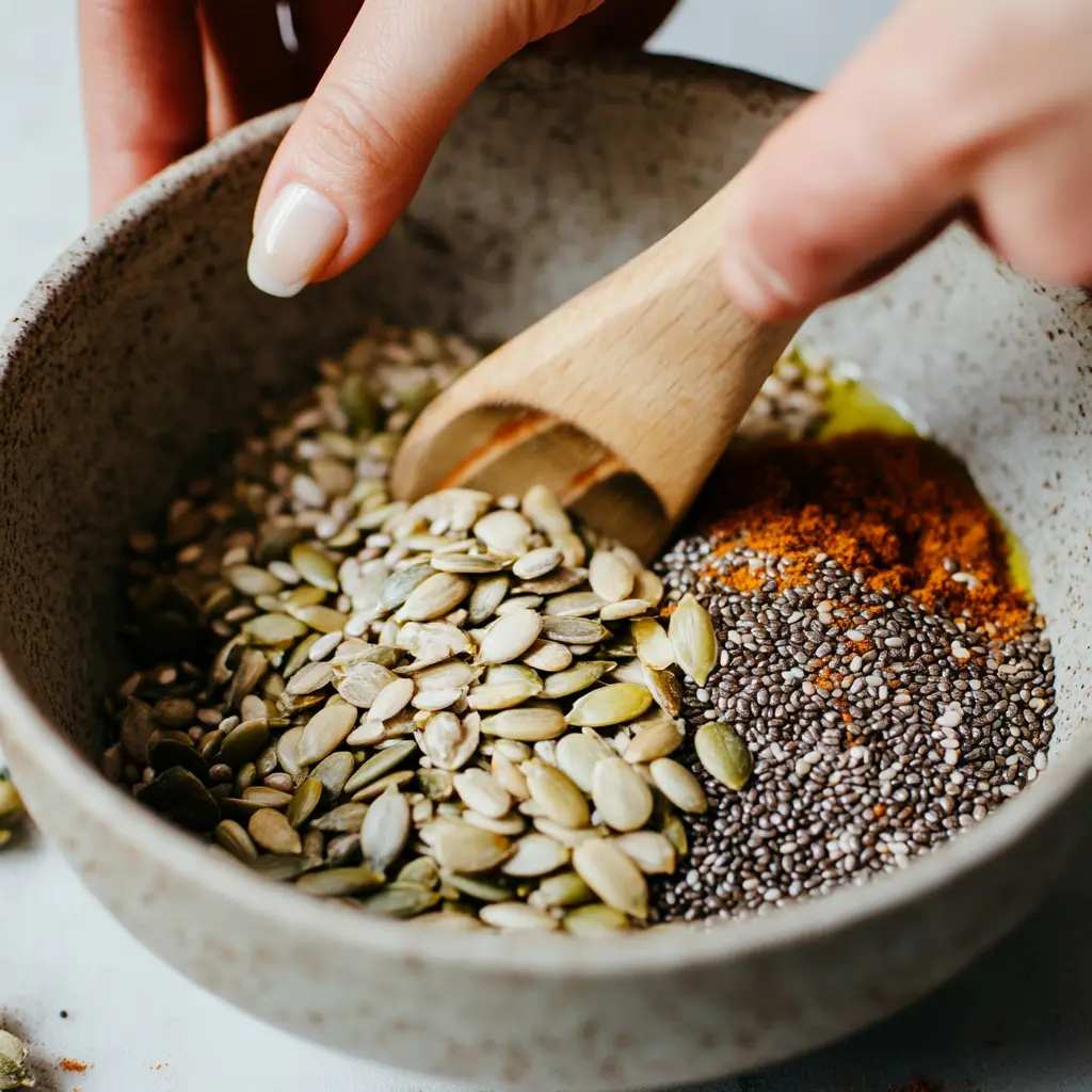 Mixing chia, flax, pumpkin, and sunflower seeds with olive oil and spices for bariatric recipe