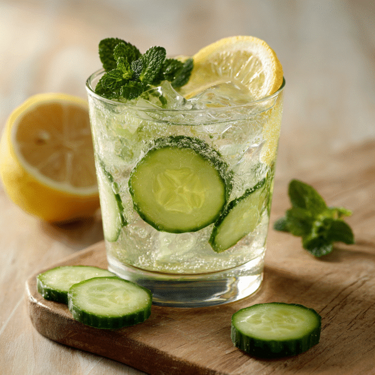cucumber drinks water with ice, cucumber slices, lemon, and mint garnish