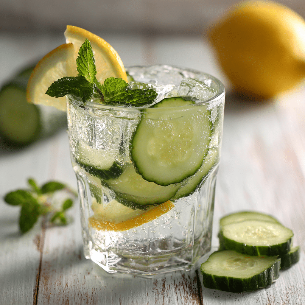 cucumber drinks water with ice, cucumber slices, lemon, and mint garnish