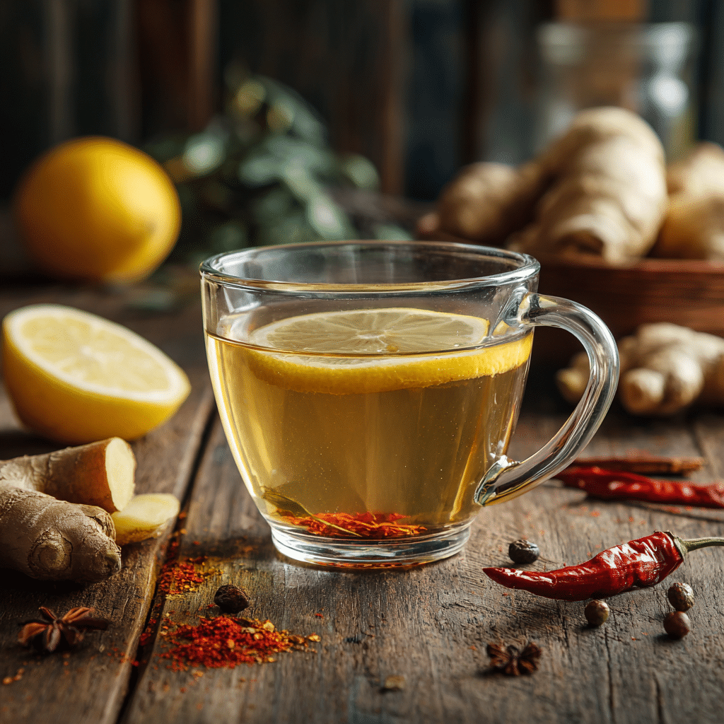 Natural Mounjaro tea with green tea, ginger, lemon, and cayenne pepper for weight loss
