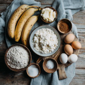Ingredients for cottage cheese banana bread, including bananas, cottage cheese, flour, eggs, cinnamon, and baking soda, arranged on a wooden countertop.