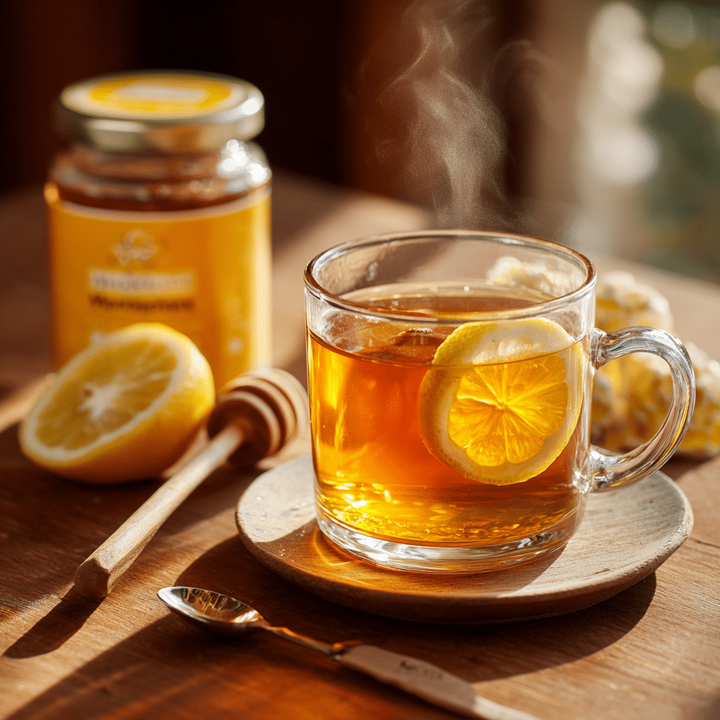Cup of Natural Mounjaro Tea with lemon slice and honey