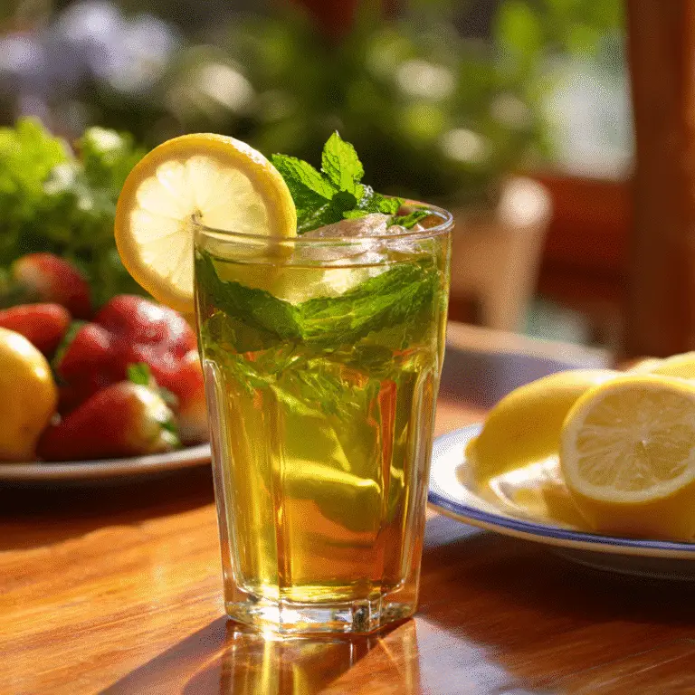 Iced green tea served with lemon and mint