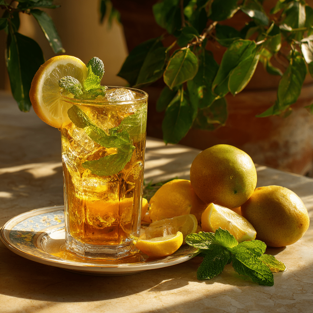 Iced green tea served with lemon and mint