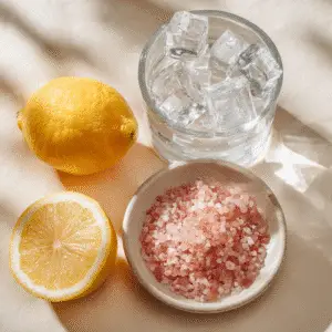 Ingredients for pink salt and ice recipe: pink Himalayan salt, water, ice cubes