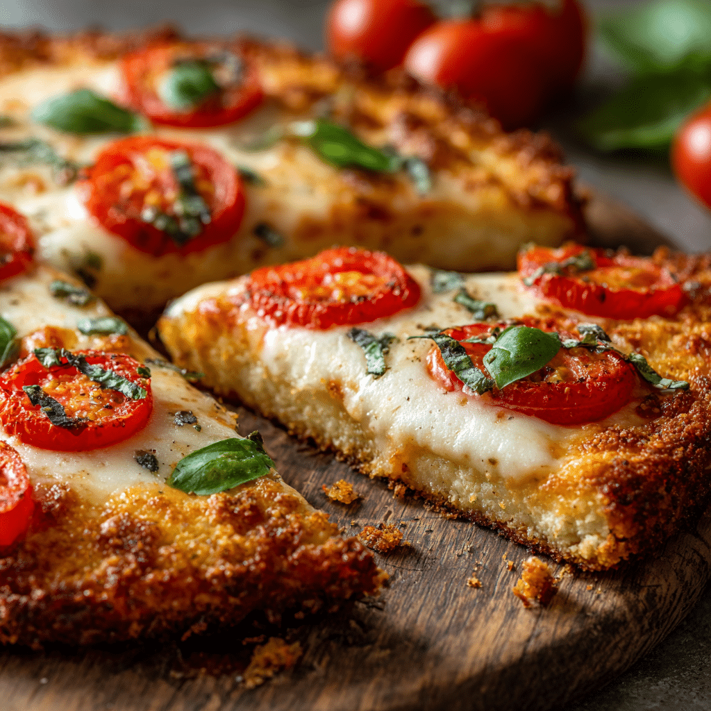 Cottage cheese pizza crust with fresh tomato, mozzarella, and basil