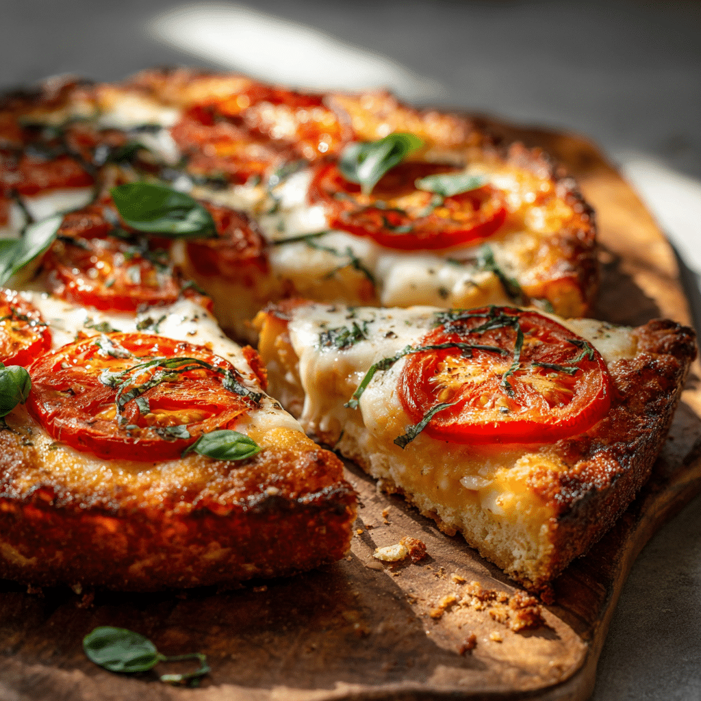 Cottage cheese pizza crust with fresh tomato, mozzarella, and basil