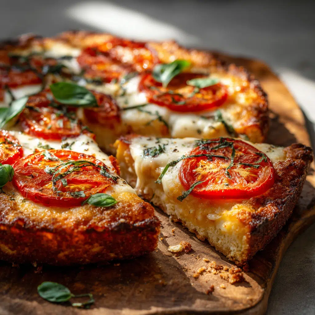 Cottage cheese pizza crust with fresh tomato, mozzarella, and basil
