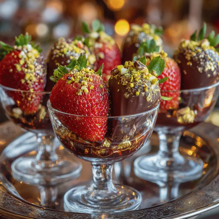 Luxurious Dubai Chocolate Strawberries Cup with dark chocolate-covered strawberries and elegant gold garnish.