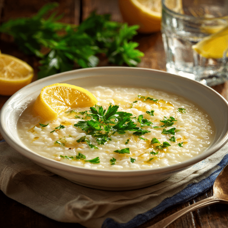 Served Greek Lemon Rice Soup (Avgolemono) in a white bowl with parsley garnish and lemon wedge