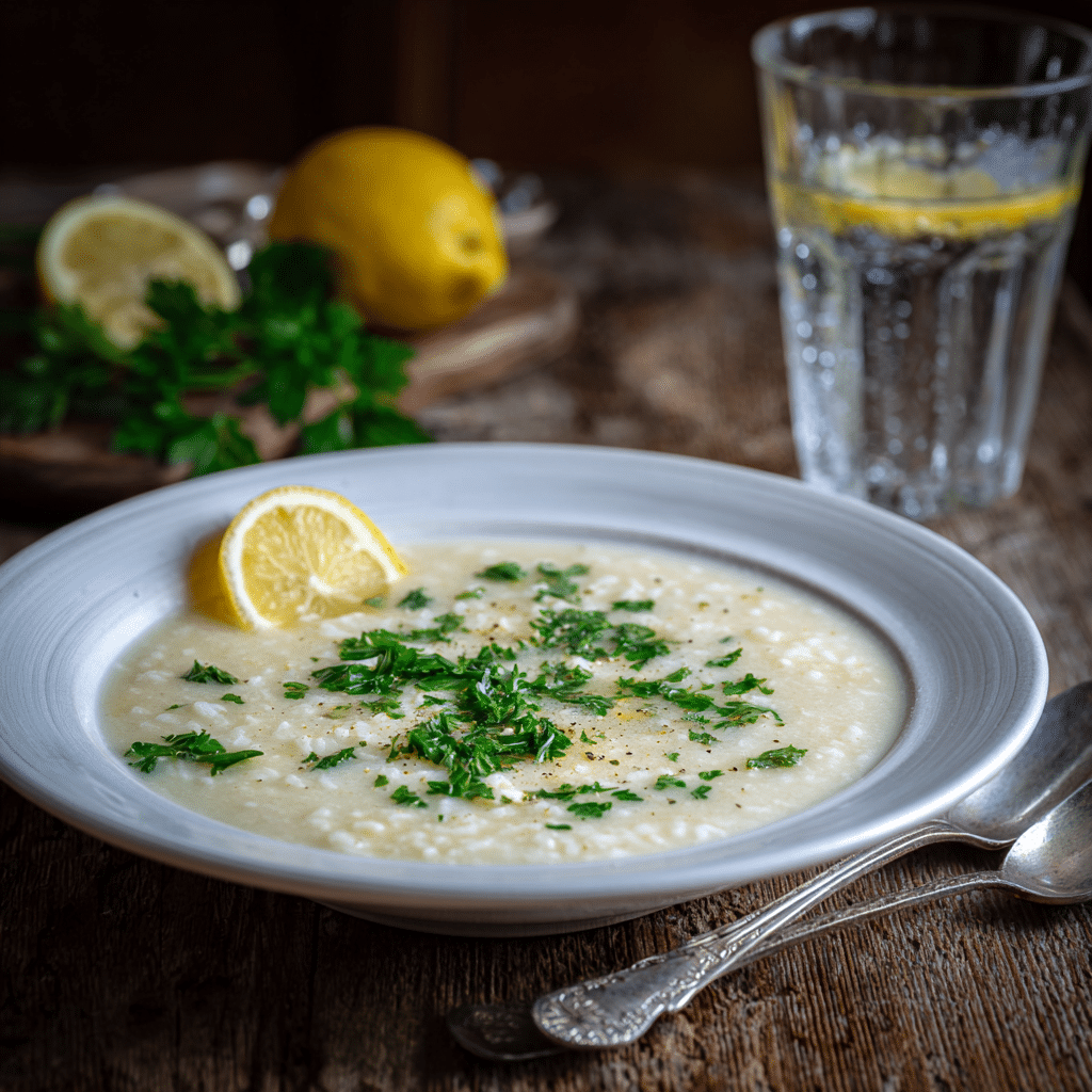 Served Greek Lemon Rice Soup (Avgolemono) in a white bowl with parsley garnish and lemon wedge