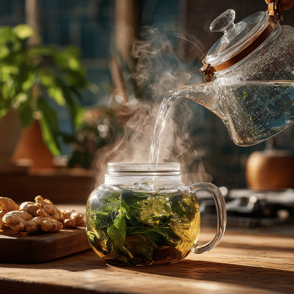 Pouring boiling water into a teapot for Natural Mounjaro Tea
