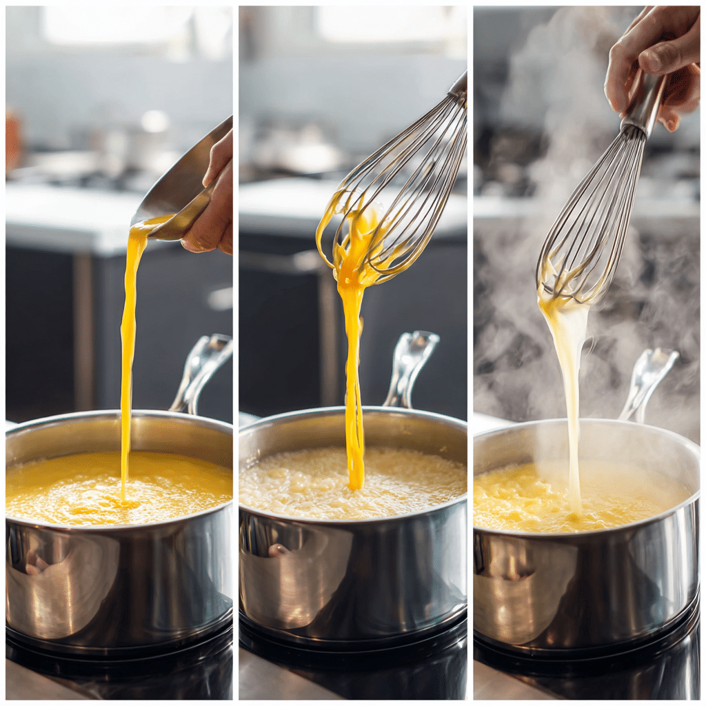 Step-by-step process of making Greek Lemon Rice Soup (Avgolemono), showing eggs and lemon mixture, rice cooking, and combining broth