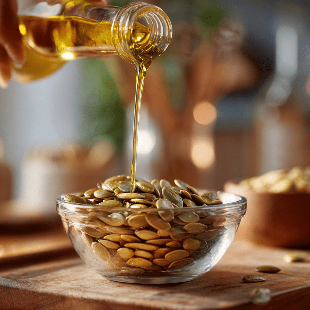 Drizzling olive oil over raw pumpkin seeds for roasting