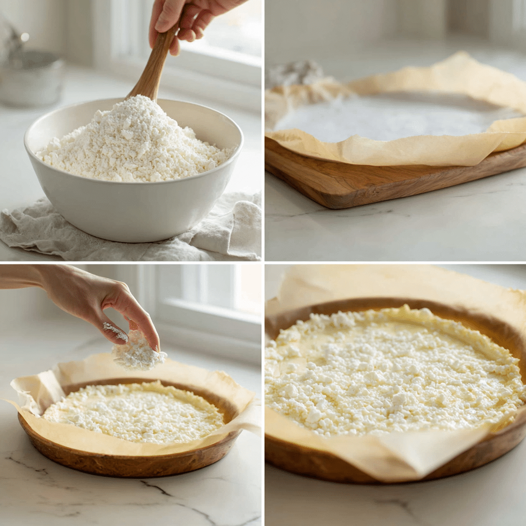 Step-by-step process of making cottage cheese pizza dough