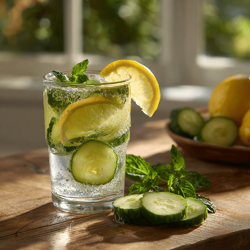 Refreshing cucumber drinks water with lemon and mint served in a glass