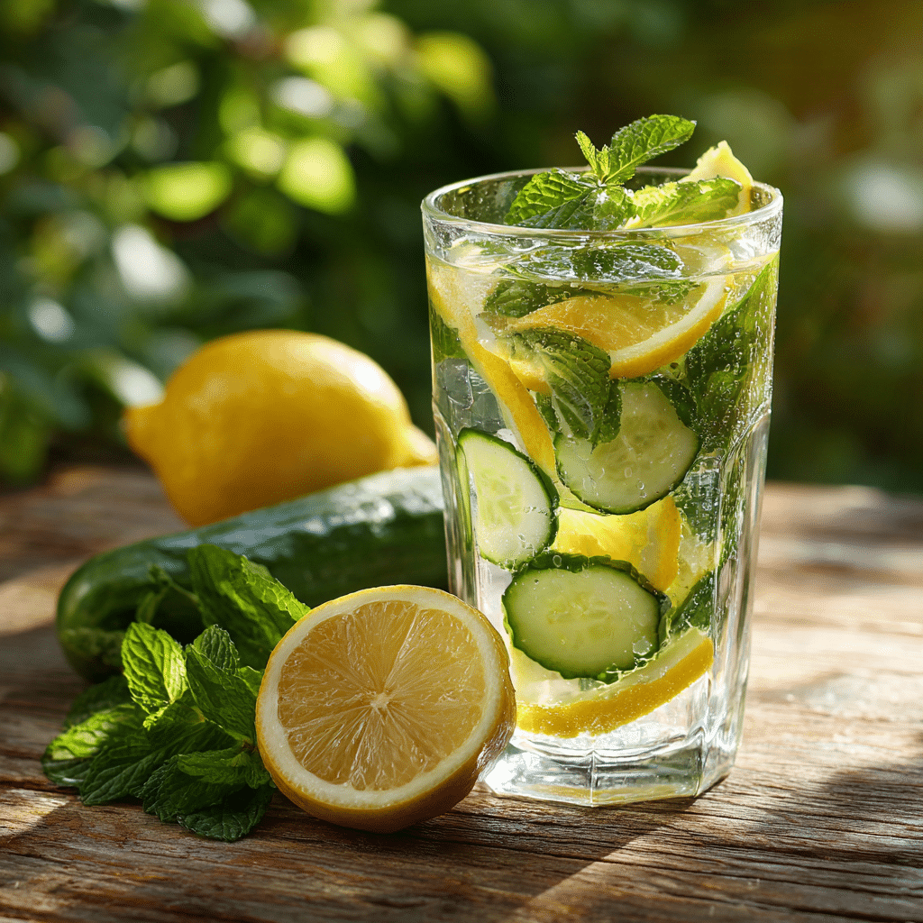 Refreshing Lemon Mint and Cucumber Water with cucumber slices, lemon wedges, and mint leaves