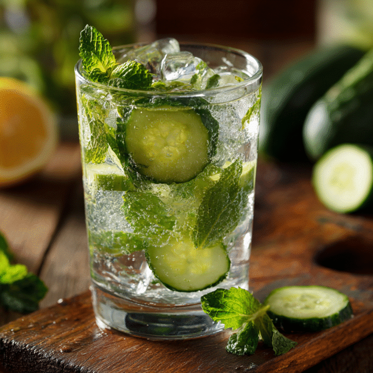 Glass of Lemon Mint and Cucumber Water served with ice and garnished with mint and cucumber