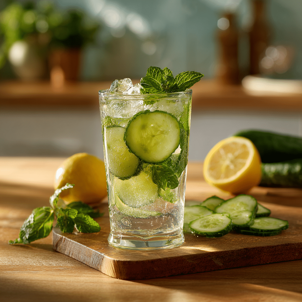 Glass of lemon mint cucumber water served with ice and garnished with mint and cucumber