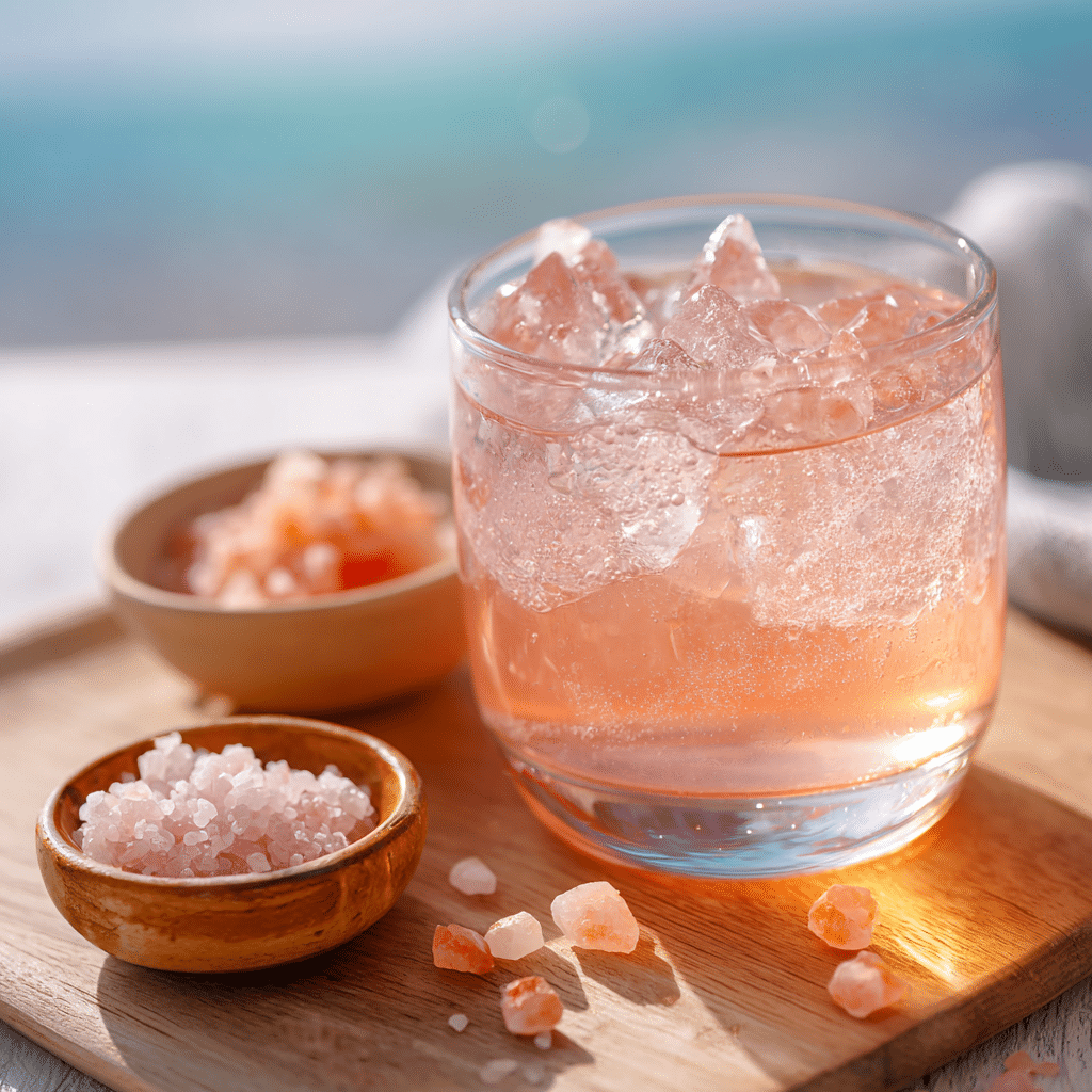 Refreshing pink salt water with ice cubes