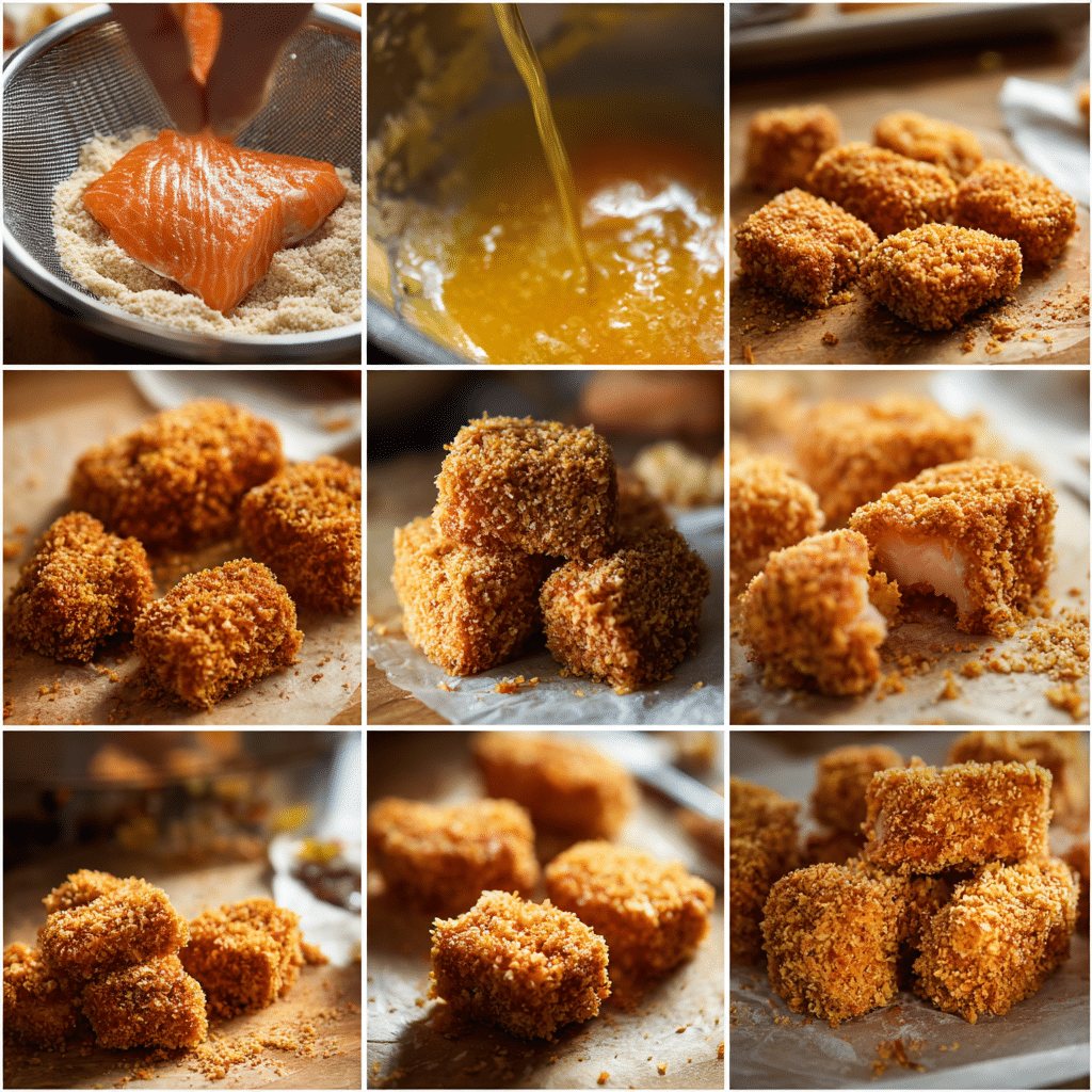 Step-by-step images showing the preparation of Bang Bang salmon bites, from cutting salmon to frying and coating.