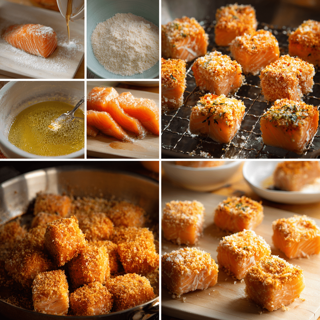 Step-by-step process of preparing crispy Bang Bang salmon bites, from cutting salmon to frying.