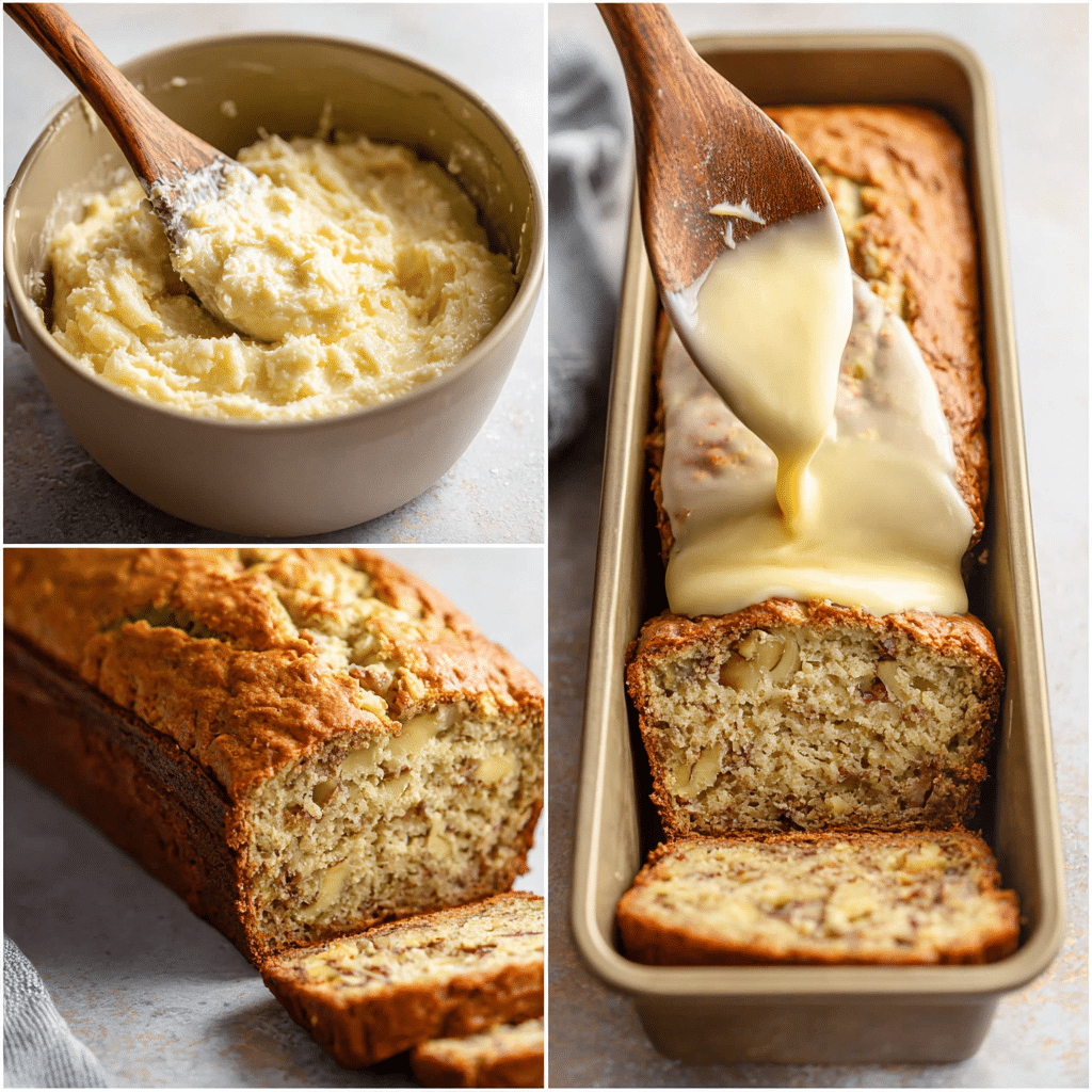 Step-by-step images showing the process of making cottage cheese banana bread, from mixing ingredients to baking and slicing the loaf.
